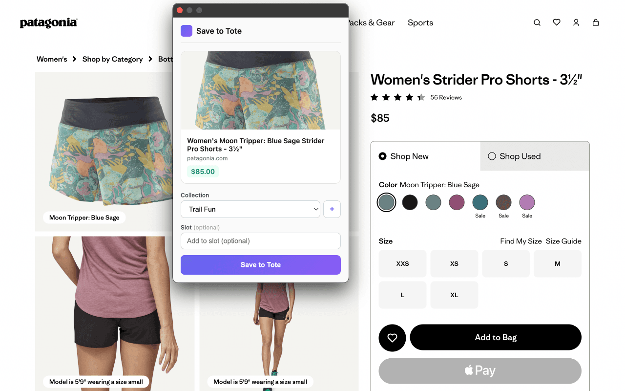 Tote browser extension saving a product from a store page