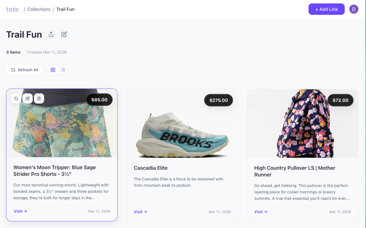 A Tote collection showing saved products with prices